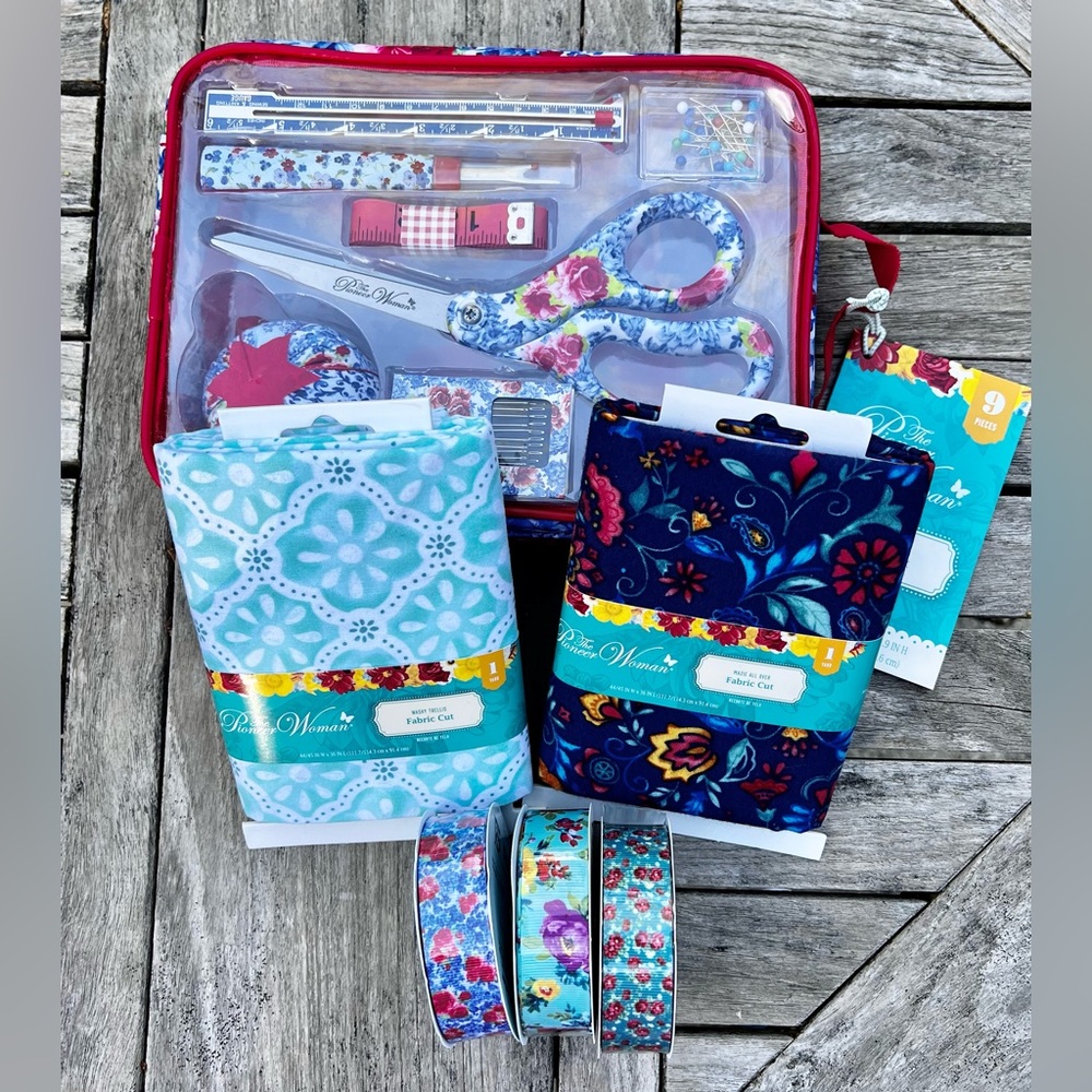 NEW Lot of SEWING SUPPLIES from THE PIONEER WOMAN- Fabric, Ribbon, Sewing Kit